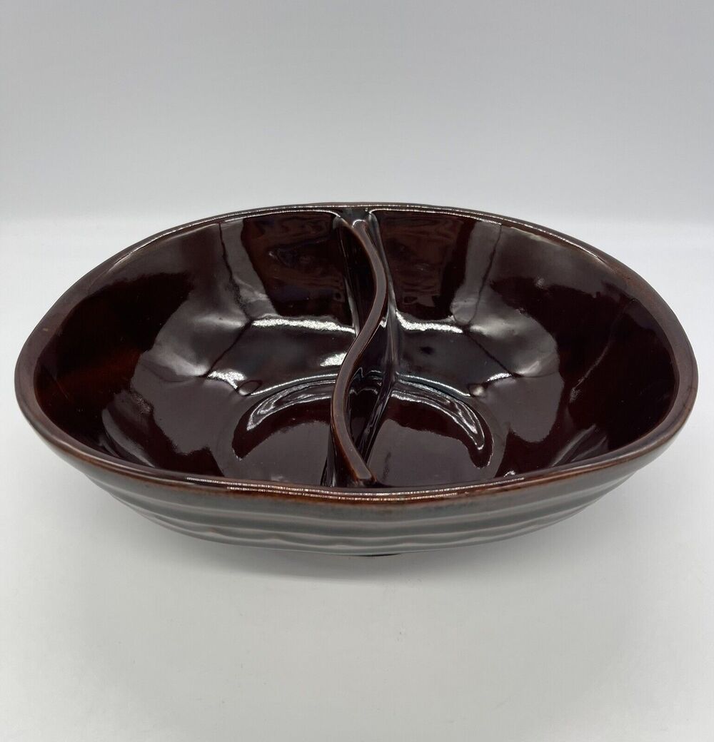 Vintage Marcrest Stoneware Daisy Dot Brown Divided Serving Dish Bowl Ovenproof